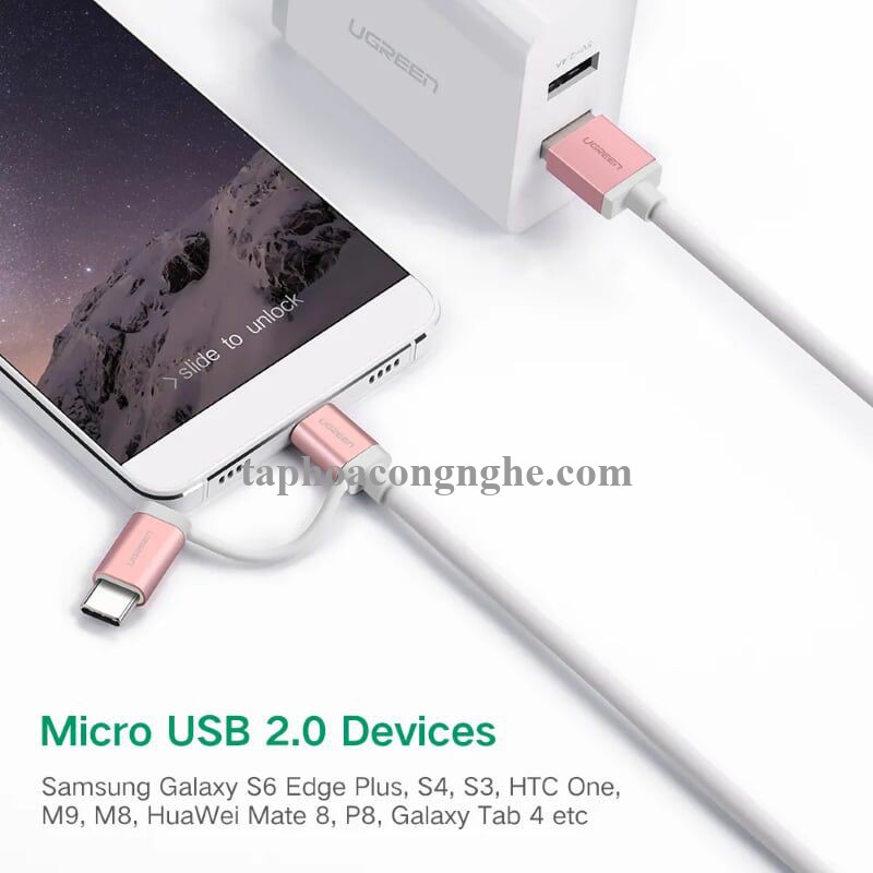 Ugreen 30542 0.5M màu Hồng Cáp USB-A sang Micro USB + USB-C cao cấp US177 30030542